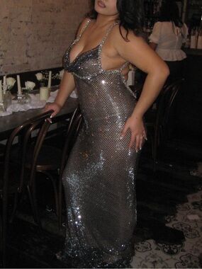 Silver Sequin Maxi Slip Dress with Spaghetti Straps